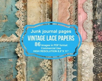 Vintage Lace Junk Journal Pages, Digital Grunge Scrapbook Paper, Printable Collage Sheet, Antique Distressed Paper, Lace Ephemera