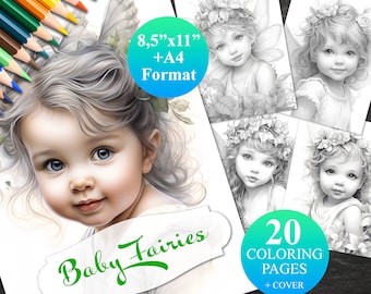 20 Baby Fairies Coloring Pages + Cover, Printable Adult Coloring Book, Instant Download Illustration, 2 PDF files 8,5&quot;x11&quot; and A4
