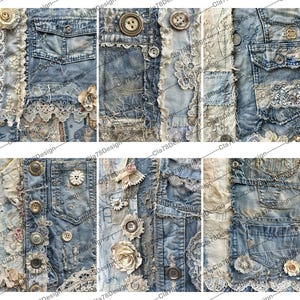 May include: A patchwork of denim fabric with lace trim and buttons. The fabric is a mix of light and dark blue denim, with some areas of white lace and beige fabric. The fabric is distressed and has a vintage look.