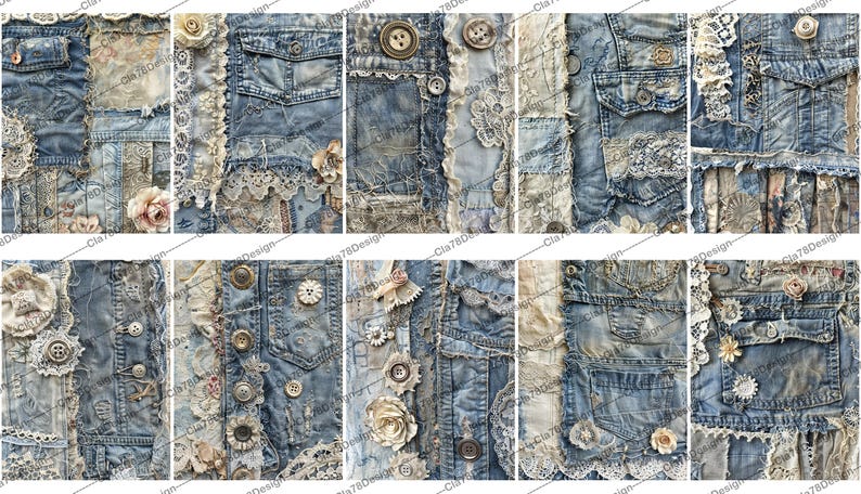 May include: A patchwork of denim fabric with lace trim and buttons. The fabric is a mix of light and dark blue denim, with some areas of white lace and beige fabric. The fabric is distressed and has a vintage look.