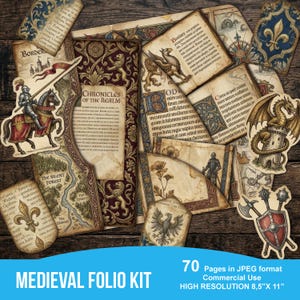 May include: A collection of digital papers featuring medieval-themed illustrations including knights on horseback, dragons, shields, fleur-de-lis, and maps. The pages contain Latin-style text, ornate borders, and parchment textures in shades of gold, red, and blue.
