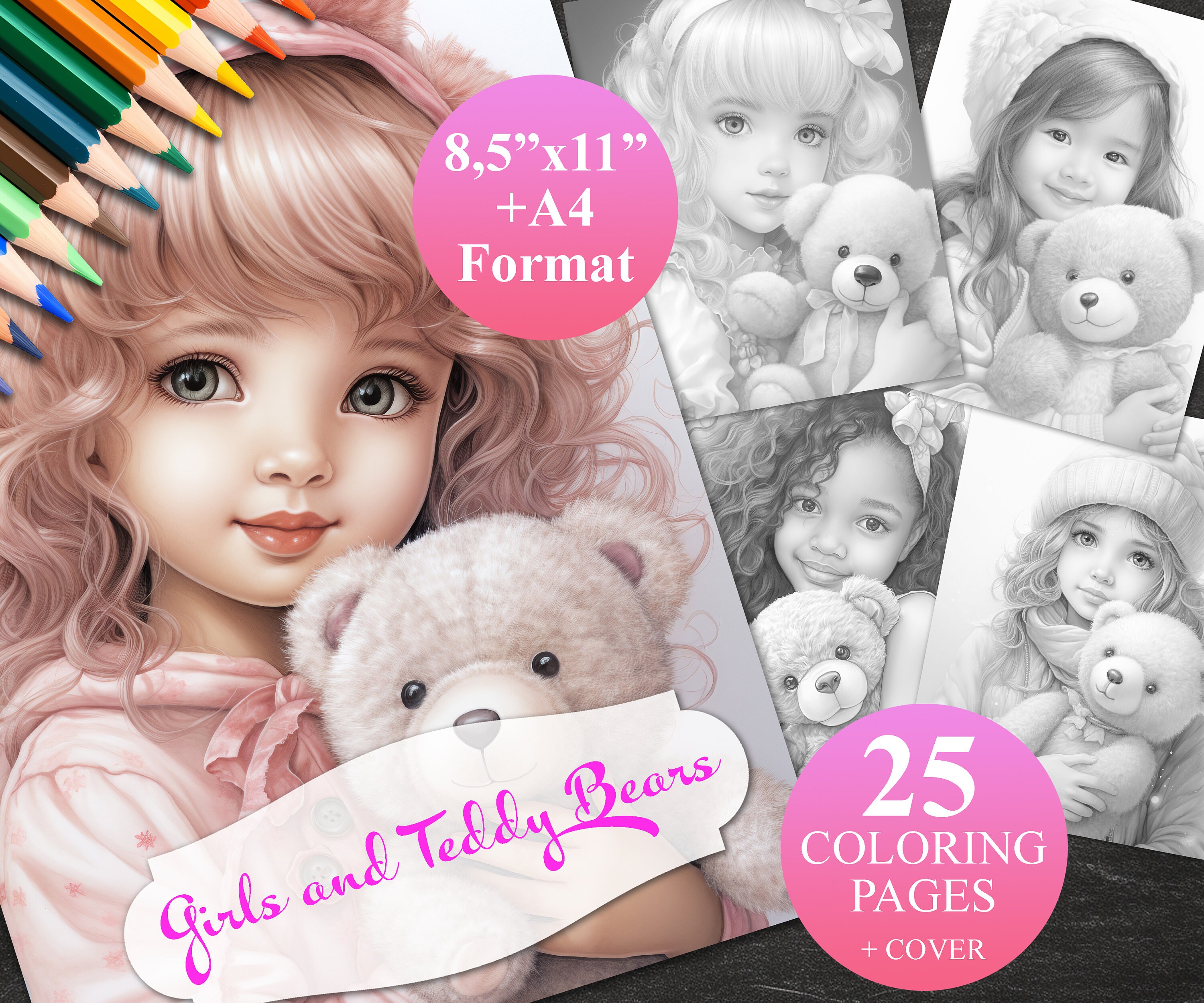 25 Girls And Teddy Bears Coloring Pages + Cover, Printable Adult Coloring Book, Instant Download Illustration, 4 PDF files 8,5"x11" and A4
