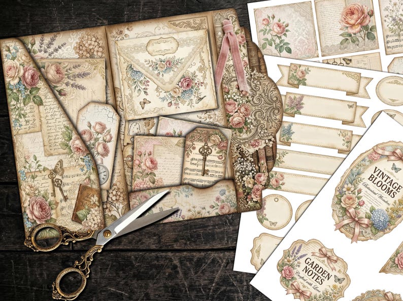 Vintage Floral Pocket Folio Kit, Shabby Chic Junk Journal Ephemera ...