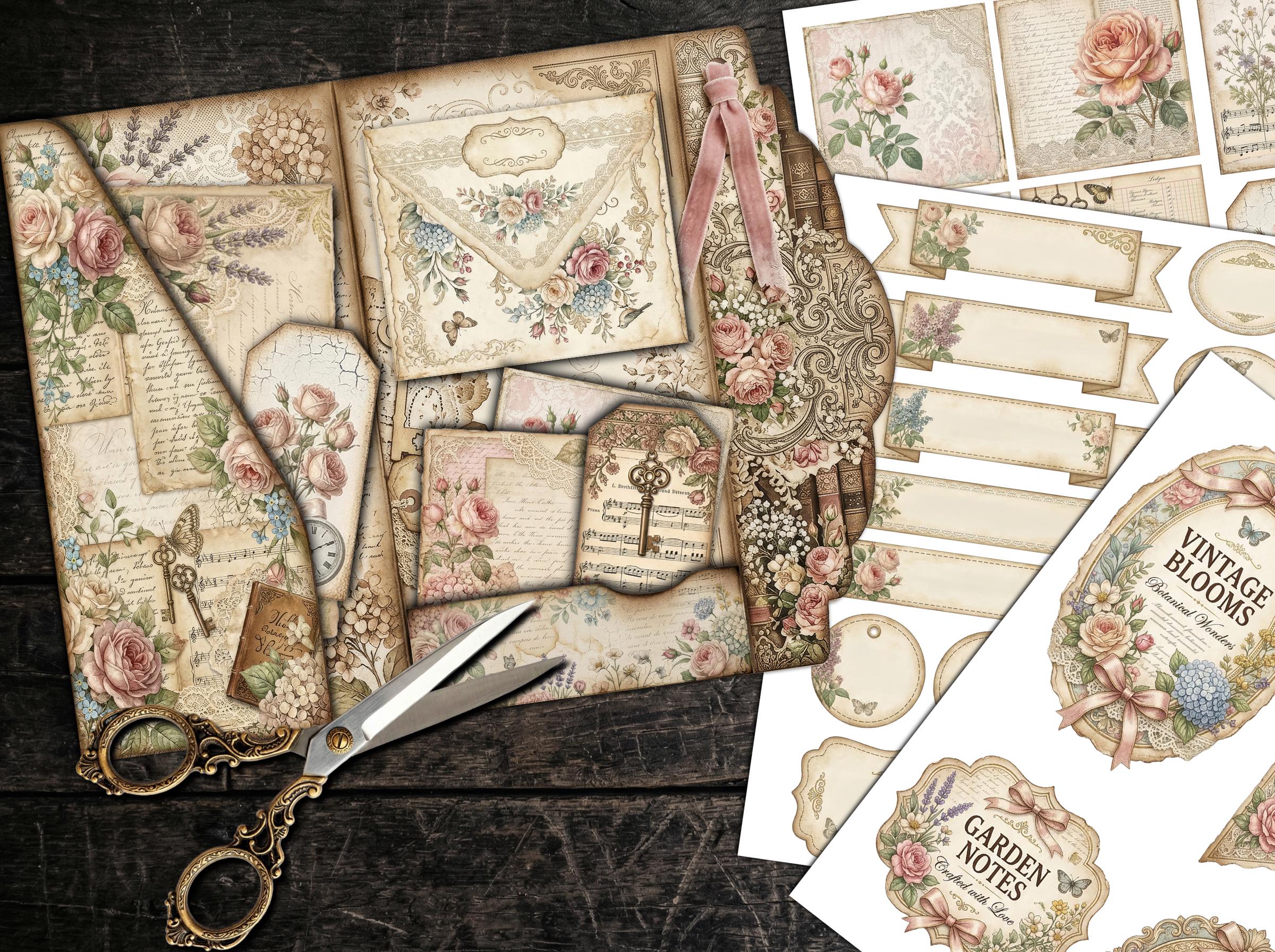 Vintage Floral Pocket Folio Kit, Shabby Chic Junk Journal Ephemera ...