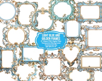 Light Blue Frames Clipart - Rococo And Baroque Vintage Clip Art Graphics For Altered Art Or Junk Journals. Instant Download-Commercial Use