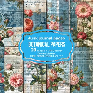 Blue Botanical Roses Junk Journal Printable Pages, Junk Journal Kit, Scrapbook printable, Printable Paper, Digital Collage, Instant Download