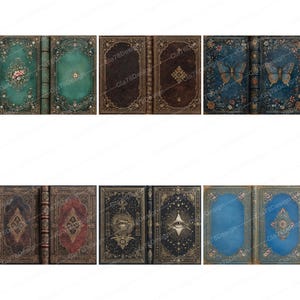 May include: A collection of antique-style books with ornate covers. The books feature various colors, including green, blue, brown, and purple, with detailed floral and butterfly designs. Gold-colored accents and decorative borders enhance the vintage aesthetic.