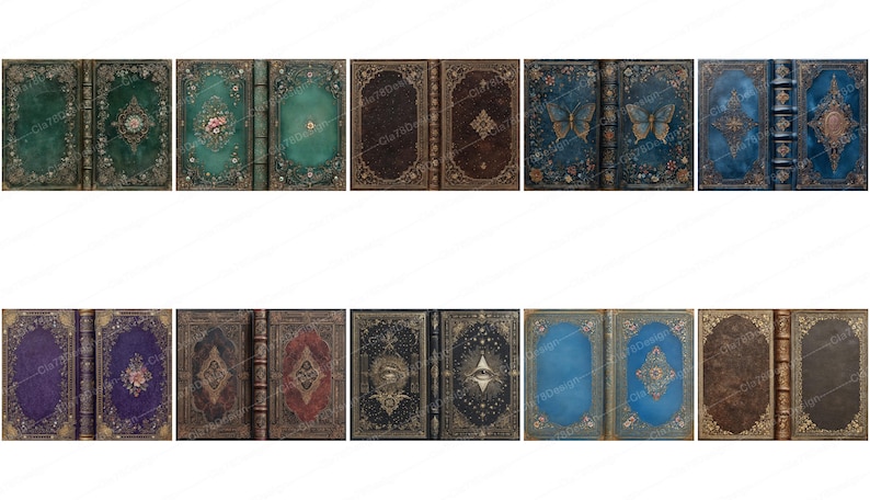 May include: A collection of antique-style books with ornate covers. The books feature various colors, including green, blue, brown, and purple, with detailed floral and butterfly designs. Gold-colored accents and decorative borders enhance the vintage aesthetic.