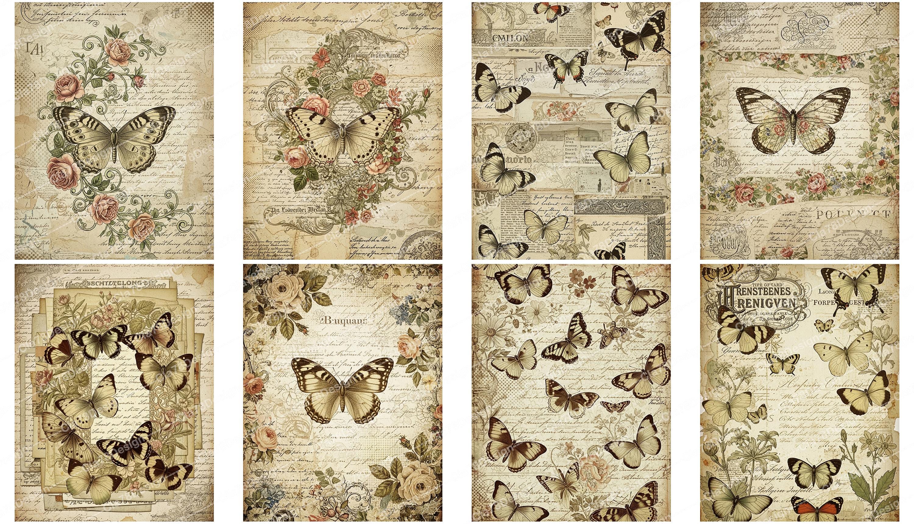 Vintage Butterfly Digital Paper, Botanical Junk Journal Pages, Grunge ...