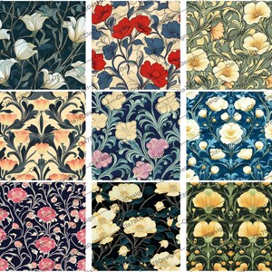 May include: A collection of 12 digital paper patterns featuring intricate floral designs in various colors, including red, blue, yellow, and green. The patterns are perfect for crafting projects, scrapbooking, and digital design.