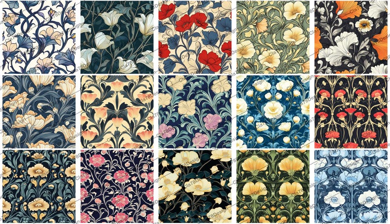 May include: A collection of 12 digital paper patterns featuring intricate floral designs in various colors, including red, blue, yellow, and green. The patterns are perfect for crafting projects, scrapbooking, and digital design.