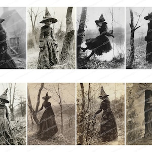 Pode incluir: Uma cole&ccedil;&atilde;o de oito fotografias antigas em preto e branco que mostram mulheres vestidas de bruxas em v&aacute;rias poses. As mulheres usam vestidos longos pretos, chap&eacute;us pontiagudos e algumas carregam vassouras.