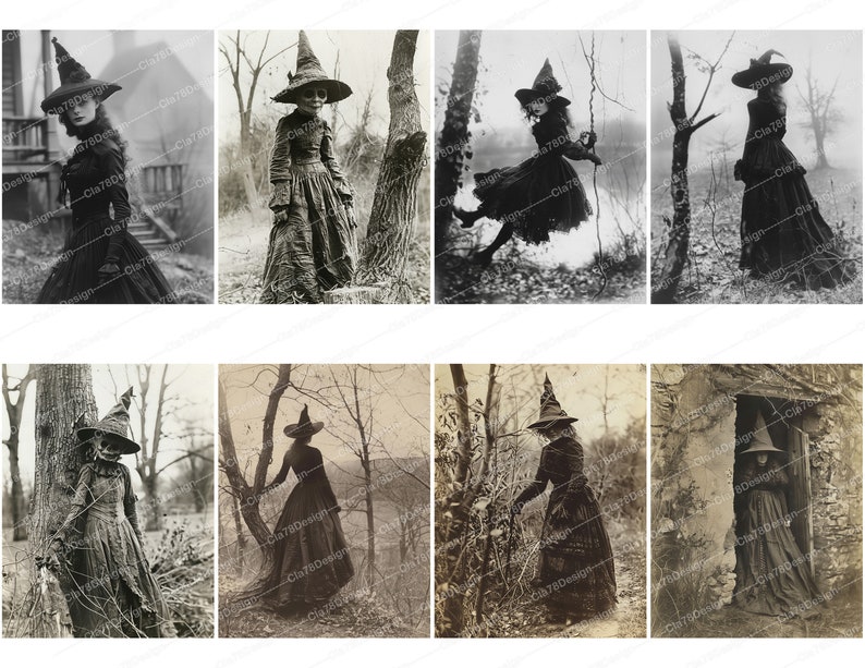 Pode incluir: Uma cole&ccedil;&atilde;o de oito fotografias antigas em preto e branco que mostram mulheres vestidas de bruxas em v&aacute;rias poses. As mulheres usam vestidos longos pretos, chap&eacute;us pontiagudos e algumas carregam vassouras.