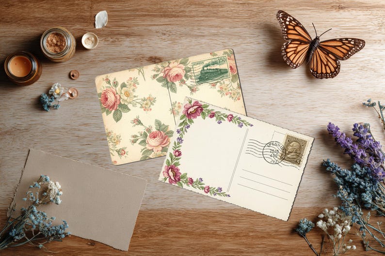 May include: Two vintage postcards with floral designs and postage stamps rest on a wooden surface. A monarch butterfly, dried flowers, and small jars with contents are also present. The postcards feature roses and other flowers.