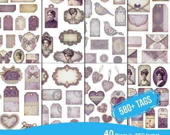 Purple Shabby Tags and Labels, Junk Journal Kit, Digital Violet Collage Sheets, Violets Digital Papers, Scrapbook Digital Purple Addons