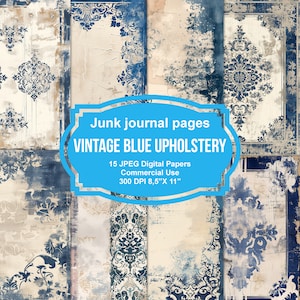 15 Vintage Blue Upholstery Junk Journal Printable Pages, Junk Journal Kit, Scrapbook printable, Printable Paper, Instant Download