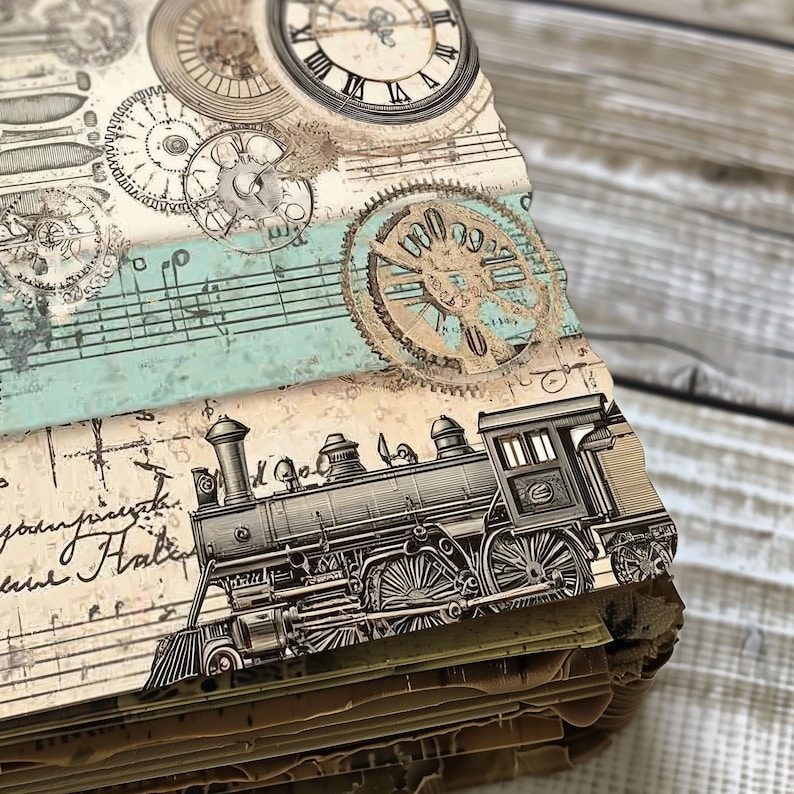 May include: A vintage-style scrapbook with a black and white illustration of a steam train on the cover. The cover also features a blue and green patterned paper with musical notes and clock faces.