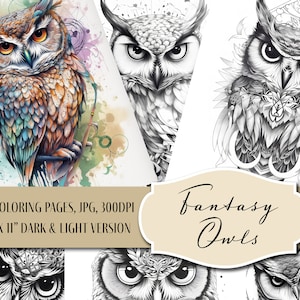 10 Grayscale Fantasy Owls Coloring Book, Printable Adult Coloring Pages, Instant Download Illustration | Printable PDF file