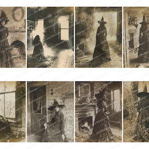 Pode incluir: Um conjunto de oito fotografias de estilo vintage que apresentam uma mulher vestida de bruxa em v&aacute;rios cen&aacute;rios assustadores. As fotos s&atilde;o em preto e branco e t&ecirc;m um aspeto desgastado e antigo.