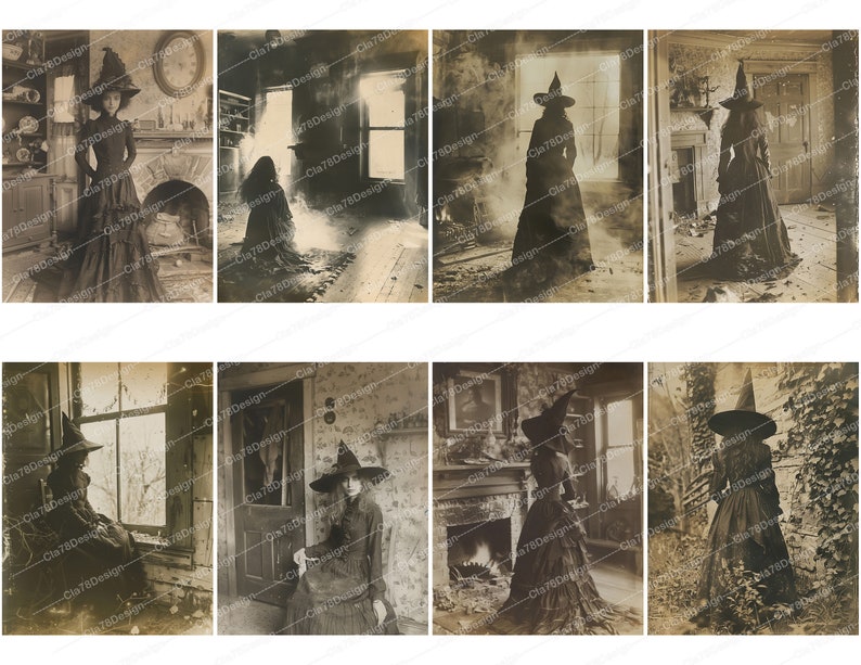 Pode incluir: Um conjunto de oito fotografias de estilo vintage que apresentam uma mulher vestida de bruxa em v&aacute;rios cen&aacute;rios assustadores. As fotos s&atilde;o em preto e branco e t&ecirc;m um aspeto desgastado e antigo.
