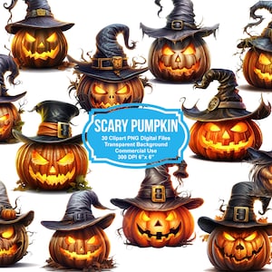 30 Watercolor Scary Pumpkin Clipart  6" x 6" - Transparent Background Digital Download PNG Graphics - Commercial Use