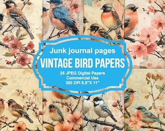 Bird Garden Junk Journal Pages, Bird Ephemera, Scrapbook printable, Printable Paper, Digital Collage, Spring Pages, Digital Collage