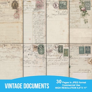 May include: A collection of vintage documents with aged paper textures, stamps, and handwritten script. The documents feature faded colors, including beige, brown, and green. The image includes the text "VINTAGE DOCUMENTS" and "HIGH RESOLUTION 8,5"X 11".