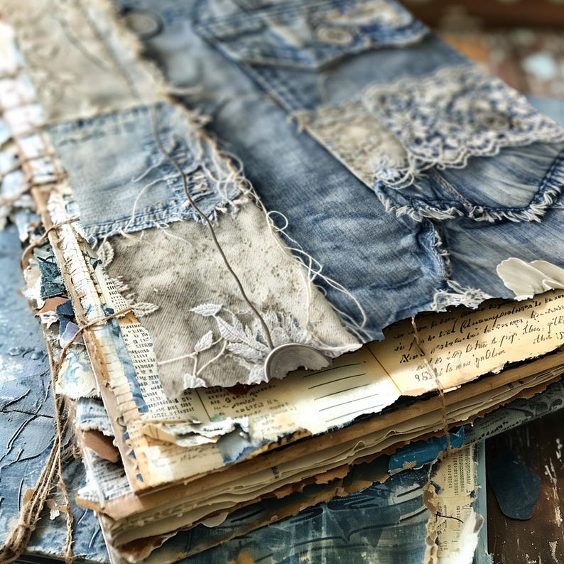 May include: A handmade journal with a denim cover, lace trim, and frayed edges. The journal is tied with twine and has pages made of old paper with handwritten text.