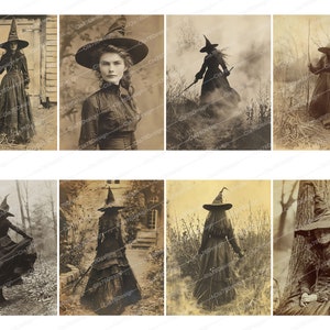 Pode incluir: Uma cole&ccedil;&atilde;o de oito fotografias de estilo vintage que apresentam mulheres vestidas de bruxas em v&aacute;rias poses. As imagens s&atilde;o em preto e branco e t&ecirc;m um aspeto desbotado e antigo.