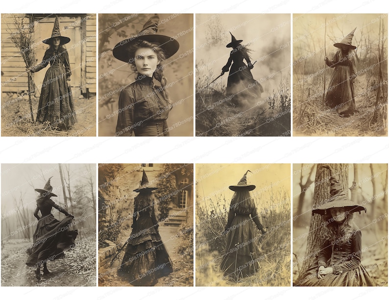 Pode incluir: Uma cole&ccedil;&atilde;o de oito fotografias de estilo vintage que apresentam mulheres vestidas de bruxas em v&aacute;rias poses. As imagens s&atilde;o em preto e branco e t&ecirc;m um aspeto desbotado e antigo.