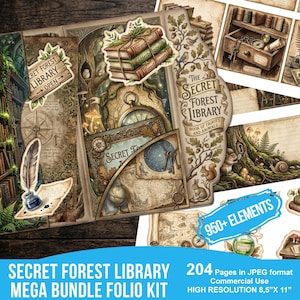 Könnte beinhalten: Ein digitales Bastelset mit dem Titel The Secret Forest Library mit über 950 Elementen und 204 Seiten im 8,5 mal 11 Zoll JPEG-Format. Die Bilder zeigen Bücherstapel, einen Kompass, Schlüssel, eine Feder, einen Globus und Waldtiere im Vintage-Stil.