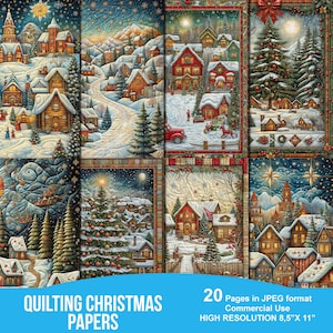 May include: A set of 20 digital quilting papers featuring a winter wonderland theme with snow-covered houses, trees, and a starry sky. The papers are in JPEG format and are high resolution, measuring 8.5 inches by 11 inches.