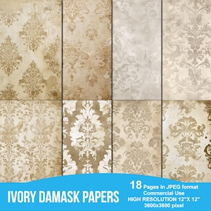 Distressed Ivory Damask Digital Paper, rustic vintage textured paper, scrapbooking grunge textures, white and beige papers, instant download