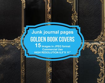 Op de afbeelding: Een digitale download van 15 afbeeldingen van gouden boekomslagen met sierlijke ontwerpen. De omslagen zijn zwart met gouden accenten en perfect voor junk journaling of andere knutselprojecten. De afbeeldingen zijn van hoge kwaliteit en meten 21,6 cm bij 27,9 cm.
