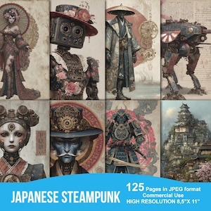 Op de afbeelding: Een verzameling digitale kunstprints met Japanse steampunk-ontwerpen. De afbeeldingen tonen een geisha, robots, samoerai en een futuristisch stadslandschap. De tekst "JAPANESE STEAMPUNK" staat onderaan, samen met details over het formaat en commercieel gebruik.