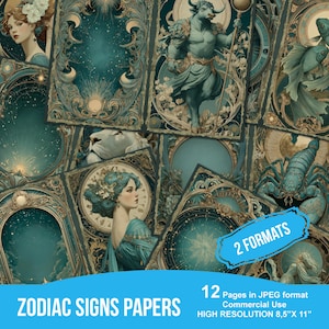 Kit de papel digital para álbum de recortes Art Nouveau del zodíaco, kit de collage digital de signos del zodíaco, papel imprimible, descarga instantánea, Jounk Jurnal, minilibro