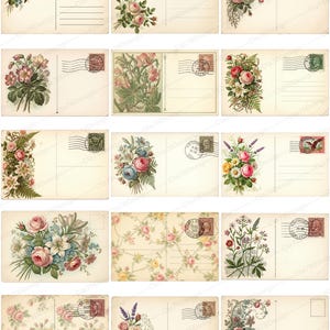 May include: Collection of vintage postcards with floral designs. Each postcard features a unique arrangement of roses, lilies, and other flowers in shades of pink, red, and blue, with postage stamps and postmarks.