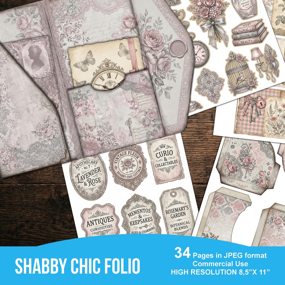 Shabby Chic Pocket Folio Kit, Vintage Rose Junk Journal Ephemera ...