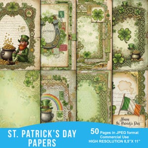May include: A collection of St. Patrick's Day themed papers with green and beige backgrounds. The papers feature shamrocks, leprechauns, pots of gold, horseshoes, and Irish flags. Text includes "St. Patrick's Day Papers" and "Happy St. Patrick's Day".
