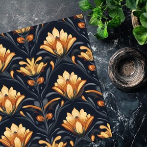 May include: A seamless pattern featuring stylized yellow flowers with orange accents on a dark blue background. The flowers are arranged in a repeating pattern, creating a floral design.