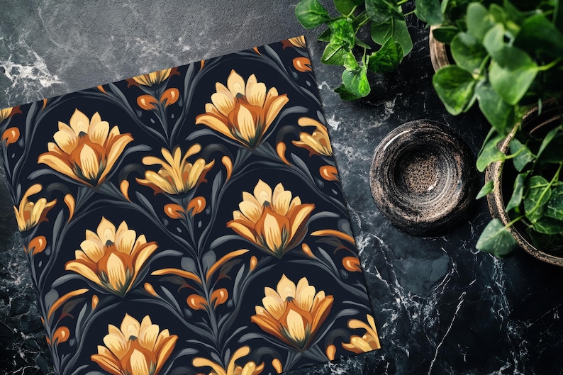 May include: A seamless pattern featuring stylized yellow flowers with orange accents on a dark blue background. The flowers are arranged in a repeating pattern, creating a floral design.