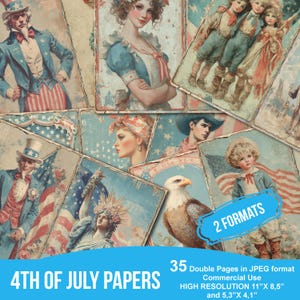 Papiers numériques patriotiques de l'Amérique, page de journal indésirable américain, kit de fond de scrapbooking vintage, imprimable Etats-Unis, feuille de collage du 4 juillet