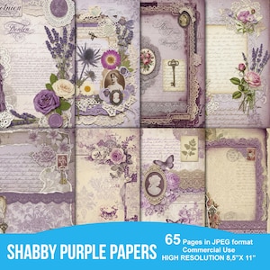 Peut inclure: Ensemble de huit papiers de scrapbooking numériques dans les tons de violet, crème et blanc. Les papiers présentent des compositions florales, de la dentelle, des portraits vintage, des clés et des écritures manuscrites. Le texte "Shabby Purple Papers" est affiché en bas.