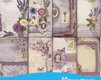 Purple Shabby Journal Pages, Basic Junk Journal Kit, Digital Violet Collage Sheets, Violets Digital Papers, Scrapbook Digital Purple Flowers