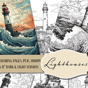 10 Grayscale Lighthouses Coloring Book, Printable Adult Coloring Pages, Instant Download Illustration | Printable PDF file