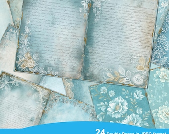 Blue Junk Journal Double Pages, Ephemera, Scrapbook printable, Printable Paper, Digital Collage, Distressed, Instant Download, Lace Papers