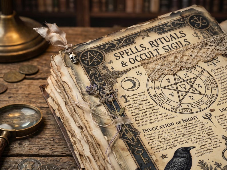 May include: An open book with the title "SPELLS, RITUALS & OCCULT SIGILS" in ornate lettering. The aged pages feature illustrations and text, with a skull charm and dried flowers. A magnifying glass and coins are nearby.