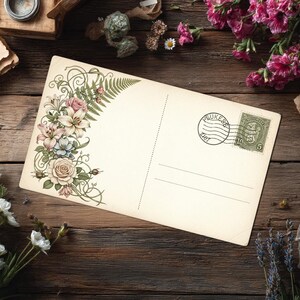 May include: Vintage postcard with floral illustrations in pink, cream, and blue. The postcard features a postage stamp and a circular postmark. The background is a rustic wooden surface with flowers and antique items.