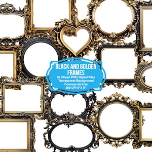 May include: A set of 30 black and gold ornate picture frames with a variety of shapes and sizes. The frames are digital clipart files with transparent backgrounds, perfect for adding a touch of elegance to your designs.