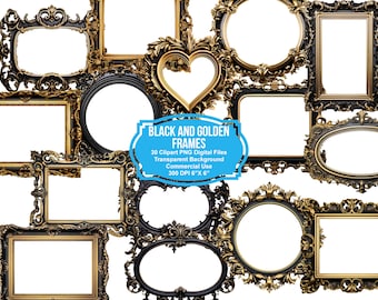 Zwart en goud frames clipart - rococo en barok vintage illustraties voor bewerkte kunst of junk tijdschriften. Directe download: commercieel gebruik